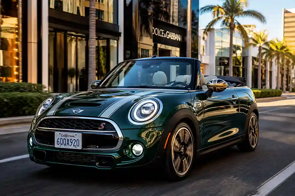 Mini Cooper S Convertible Special Edition in British Racing Green driving through a luxury city street with soft-top down and premium leather interior visible
