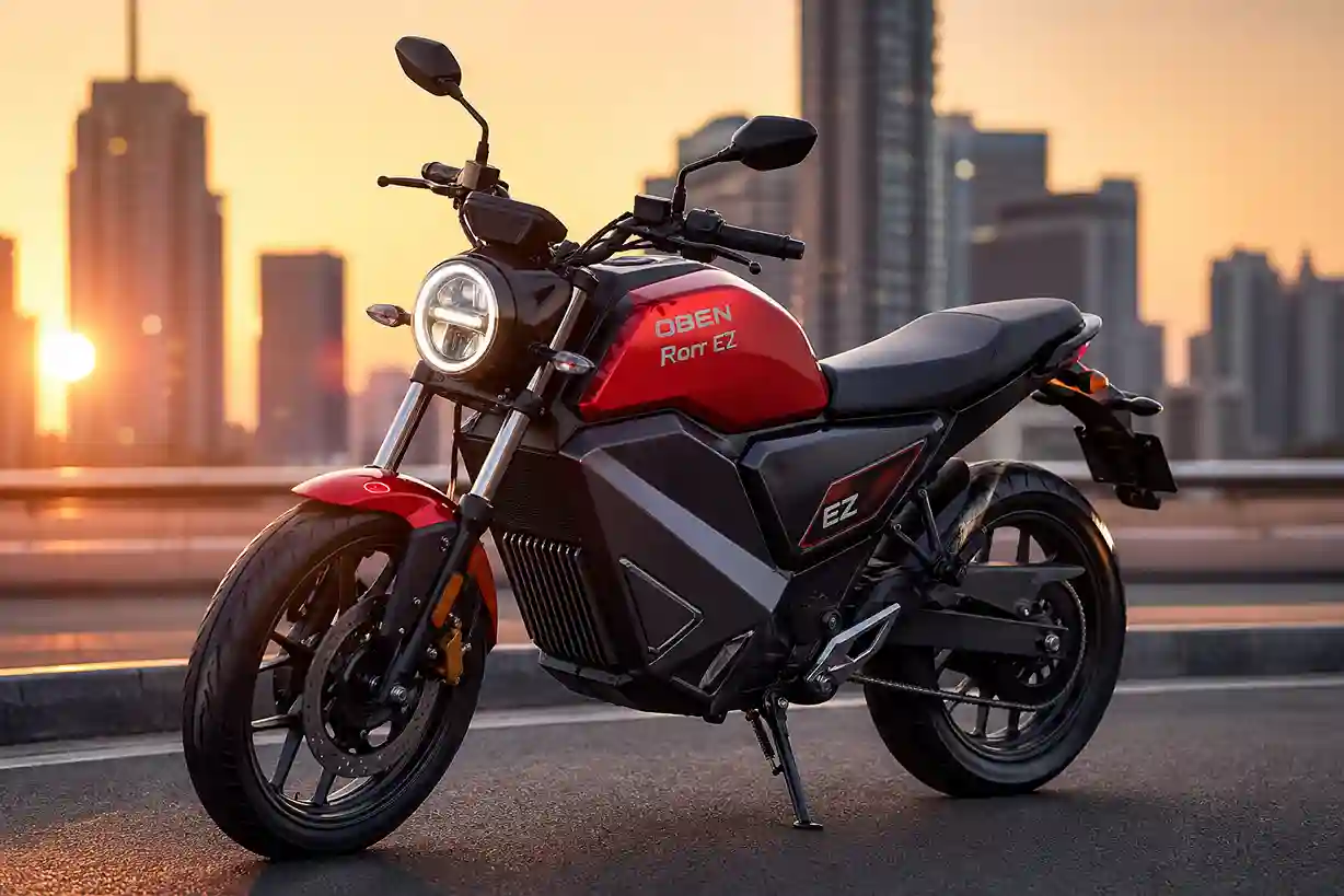 Oben Rorr EZ style red neo-retro electric motorcycle parked on a modern city street during golden hour with glowing round LED headlight and blurred skyline